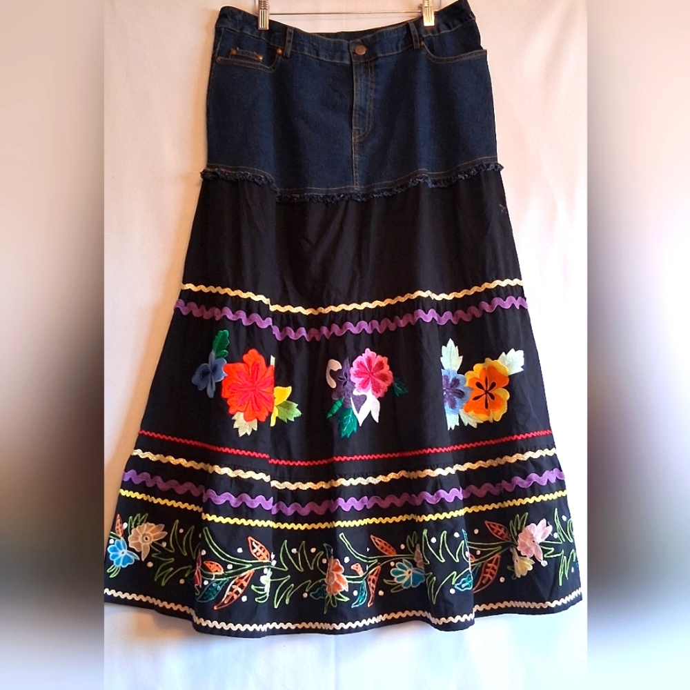 Soft Surroundings Denim and Black Floral Skirt